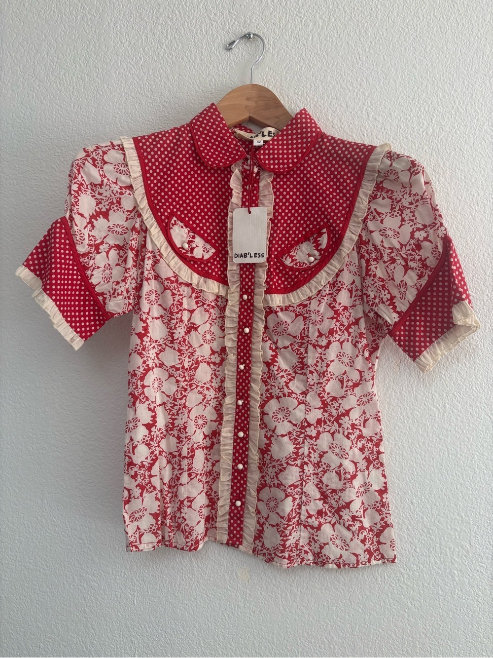 Red & Cream Printed Ruffle-Trim Blouse